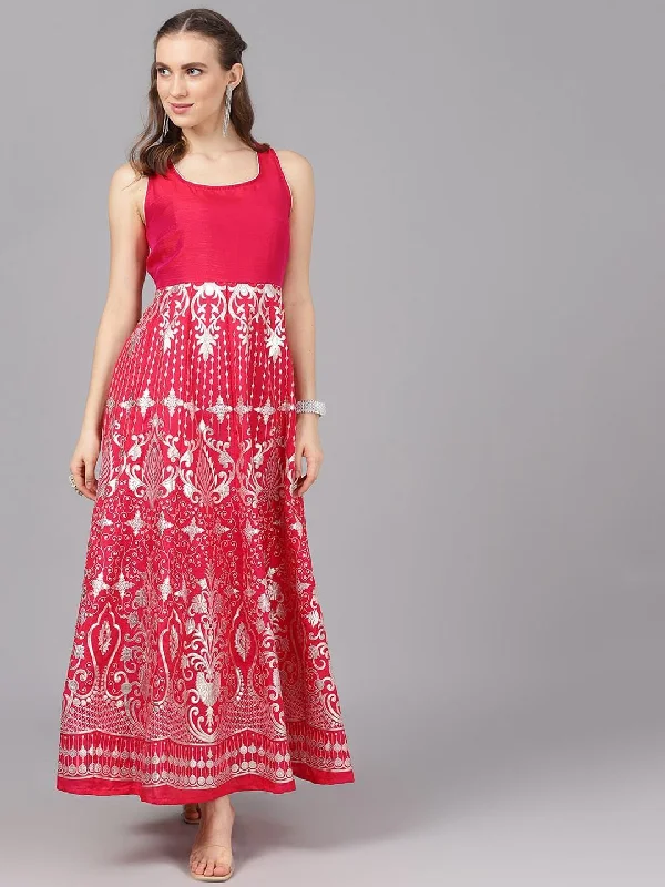 Women's  Pink Printed Maxi Dress - AKS Fashionable High-Low Maxi Dress