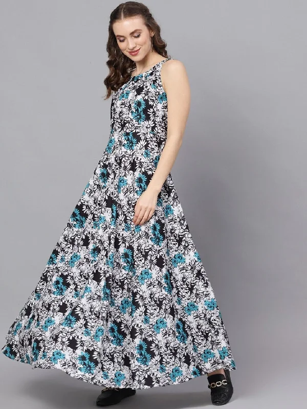 Women's  Blue Printed Maxi Dress - AKS Trendy Off-Shoulder Ruffle Maxi Dress