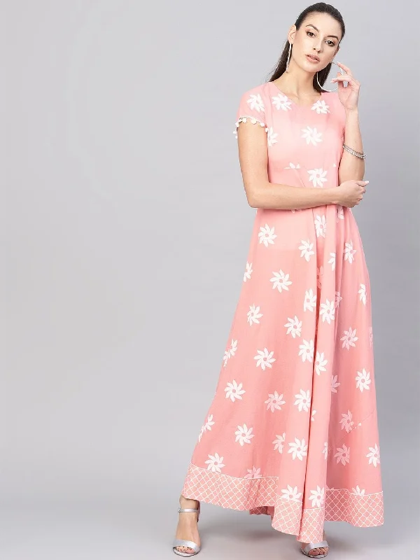 Women's  Peach-Coloured & White Floral Khari Print Maxi Dress - AKS Stylish Maxi Dress with Frills