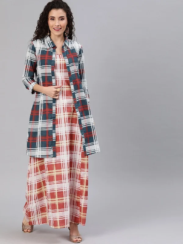 Women's  Red Checked Maxi Dress With Shirt - AKS Cozy Ruffle Sleeve Maxi Dress