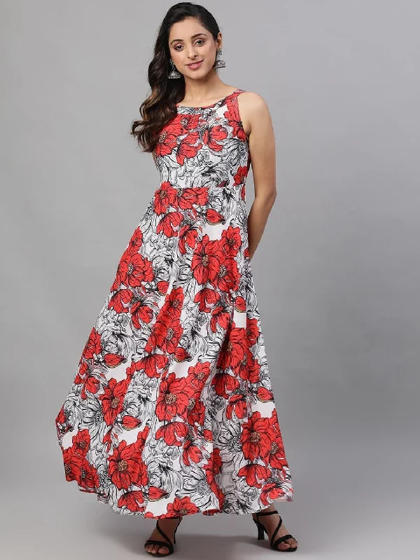 Women's  White& Red Floral Printed Maxi Dress - AKS Cozy Cold-Shoulder Maxi Dress