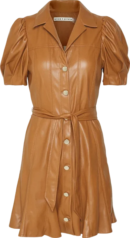Alice + Olivia camel Pleated Belted Vegan Leather Mini Dress UK 8 Stylish Sweetheart Neck Mini Dress Alice + Olivia camel Pleated Belted Vegan Leather Mini Dress UK 8 Stylish Sweetheart Neck Mini Dress