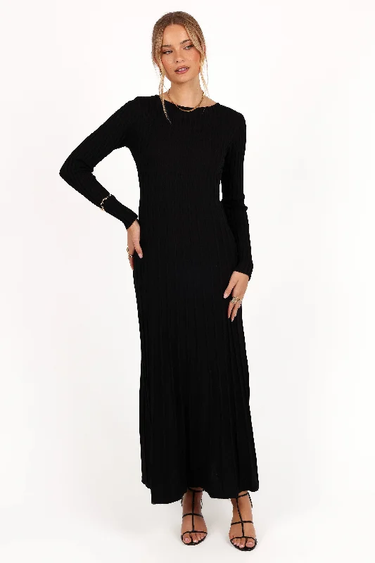 Alison Long Sleeve Maxi Dress - Black Comfortable Pleated Maxi Dress