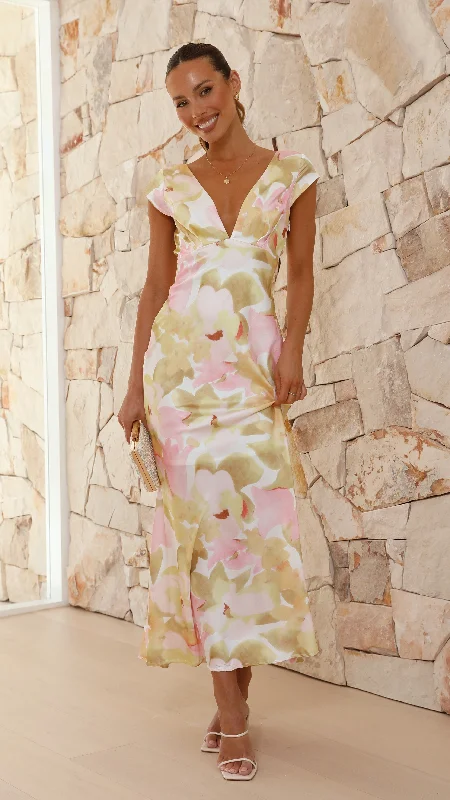 Annie Maxi Dress - Pink/Yellow Print Trendy Maxi Dress with Bow