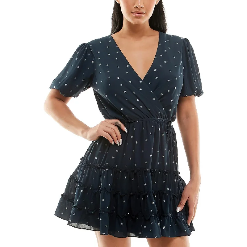 B. Darlin Womens Juniors Metallic Printed Mini Dress Cozy Satin Mini Dress