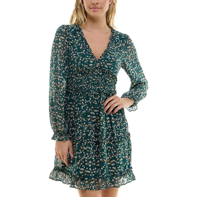 BCX Womens Juniors Floral Print  Mini Dress Comfortable Ruffle Mini Dress