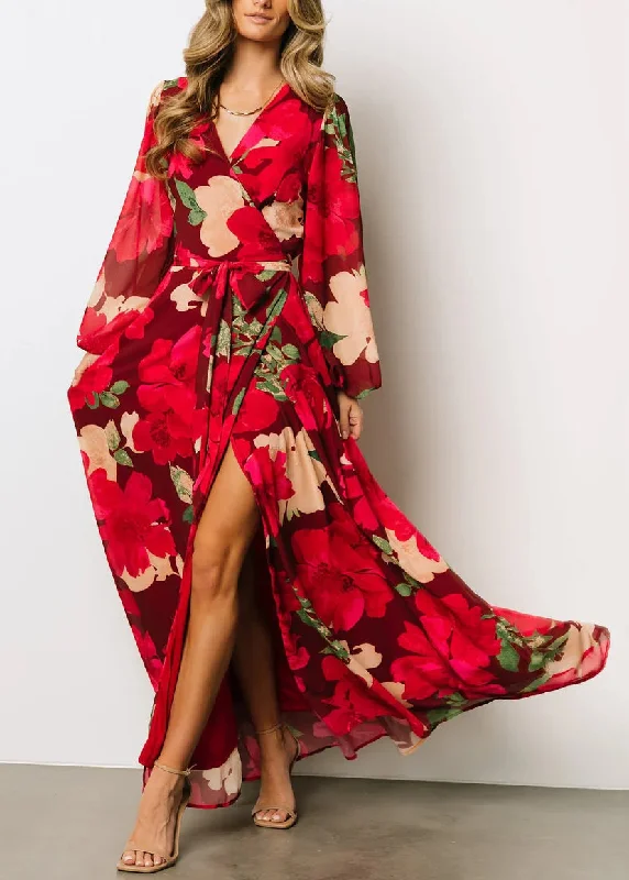 Beautiful Red Print Side Open Cotton Maxi Dresses Fall AU1024 Stylish Pleated A-Line Maxi Dress