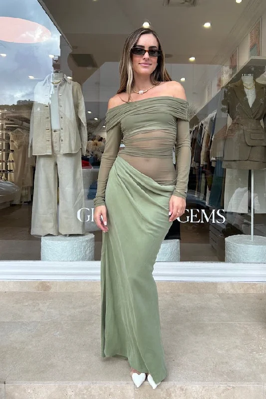 Yasmin Off Shoulder Maxi Dress Pistachio Fashionable Chiffon Maxi Dress