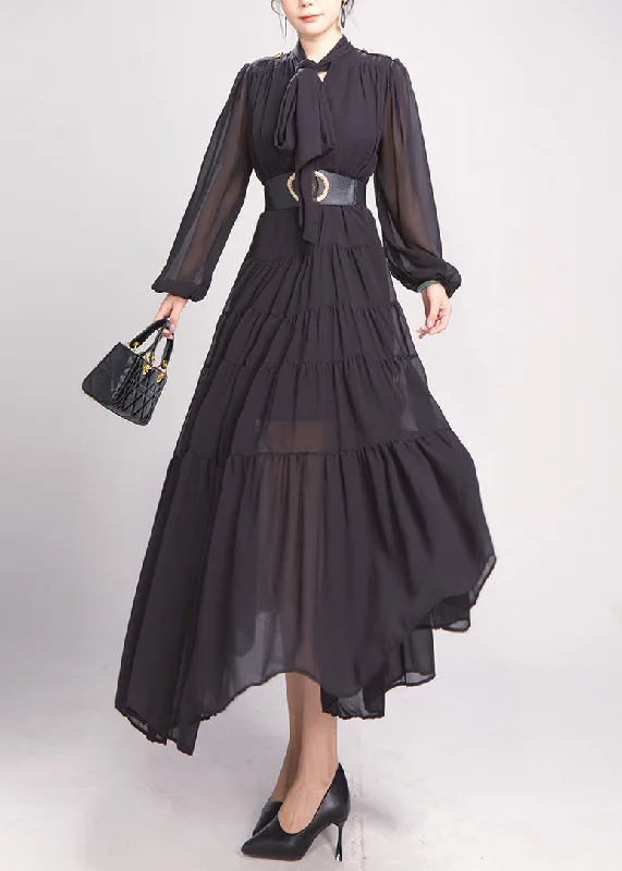 Black Bow Wrinkled Chiffon Maxi Dress Long Sleeve AO1043 Cozy Spaghetti Strap Maxi Dress