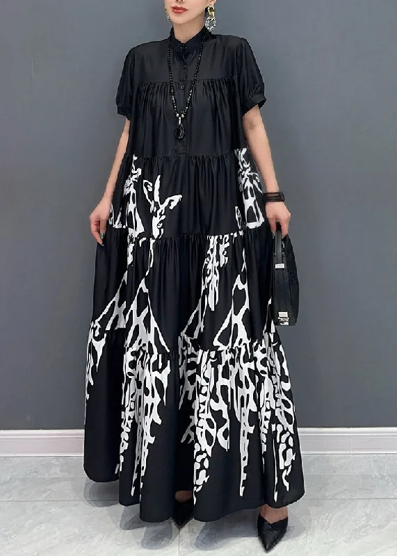 Black Stand Collar Button Maxi Dress Short Sleeve AY1050 Comfortable Casual Maxi Dress