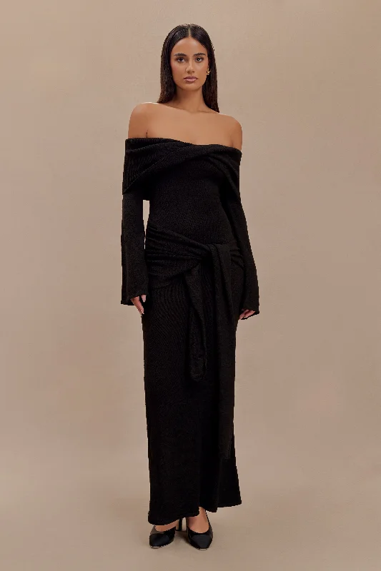 Cameron Off Shoulder Tie Maxi Dress - Black Classic A-Line Maxi Dress