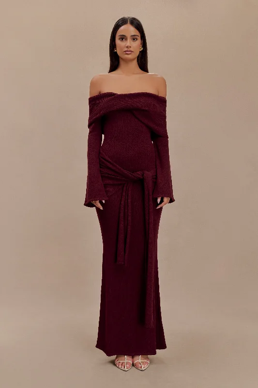 Cameron Off Shoulder Tie Maxi Dress - Merlot Cozy Wrap Maxi Dress