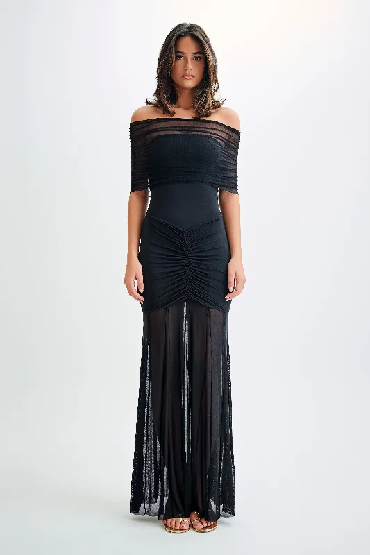 Caspian Slinky And Mesh Off Shoulder Maxi Dress - Black Stylish Long Sleeve Maxi Dress