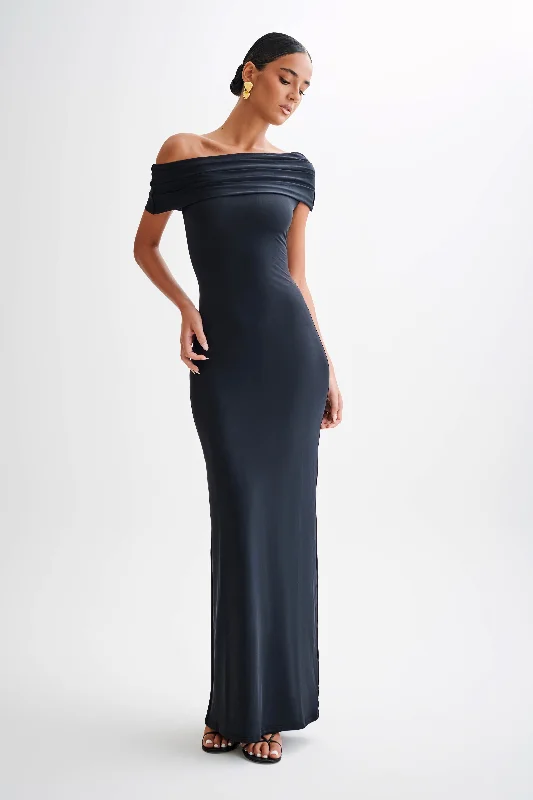 Cassandra Off Shoulder Slinky Maxi Dress - Black Cozy Knitted Maxi Dress