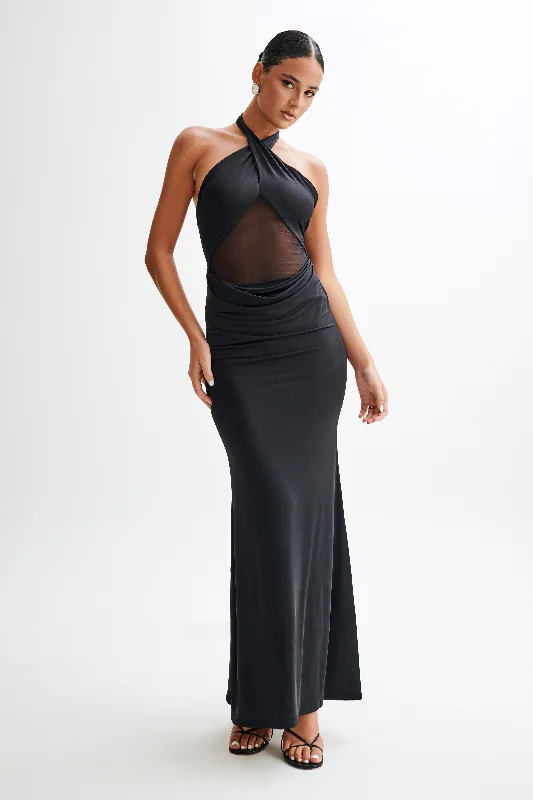 Caterina Slinky Mesh Halter Maxi Dress - Black Comfortable Casual Maxi Dress