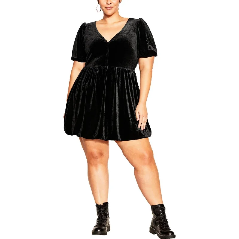 City Chic Womens Faux velvet Bubble skirt Mini Dress Stylish Ruffle Mini Dress