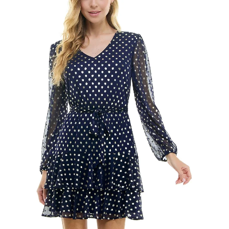 City Studios Womens Juniors Ruffled  Mini Dress Classic White Mini Dress
