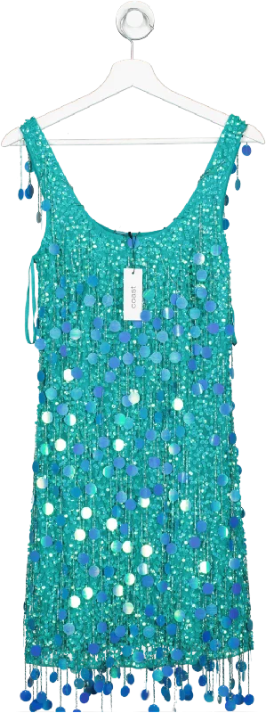 Coast Green Embellished Tassel Sequin Mini Dress UK 8 Stylish Short-Sleeve Mini Dress Coast Green Embellished Tassel Sequin Mini Dress UK 8 Stylish Short-Sleeve Mini Dress
