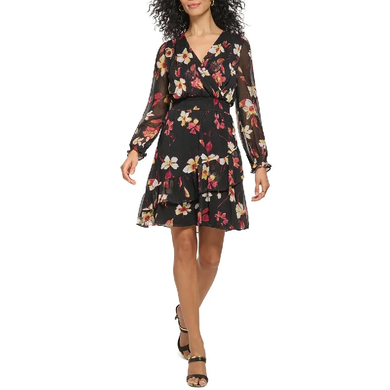 DKNY Womens Chiffon Floral Mini Dress Stylish Puff Sleeve Mini Dress