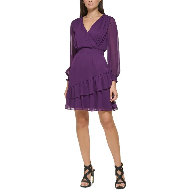 DKNY Womens Surplice Neckline Ruffled Mini Dress Classic Floral Print Mini Dress