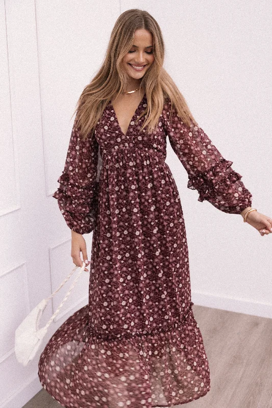 Evian Long Sleeve Maxi Dress - Burgundy Multi Classic Strapless Maxi Dress