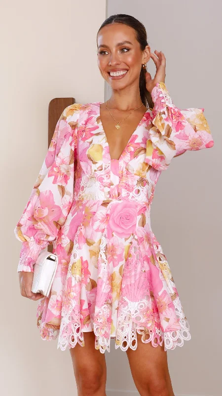 Felicity Mini Dress - Pink Floral Fashionable Summer Mini Dress