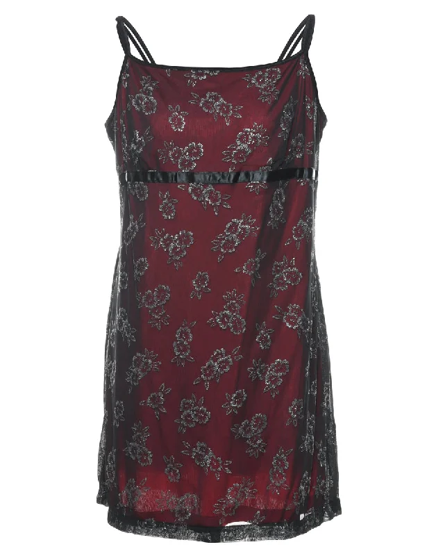 Floral Print Black & Maroon 1990s Sparkly Mini Dress - M Classic Casual Mini Dress