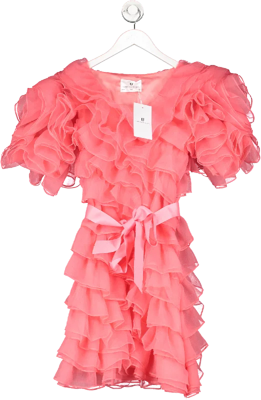 Forever Unique Pink Oversized Ruffle Tie Waist Mini Dress UK 6 Chic Tropical Mini Dress