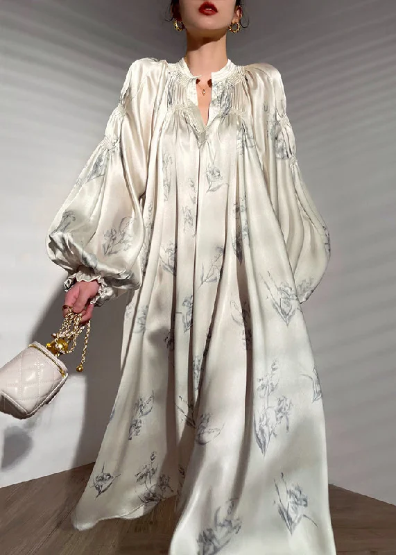 French Beige Print Tie Waist Silk Maxi Dress Long Sleeve AJ1016 Fashionable Printed Maxi Dress