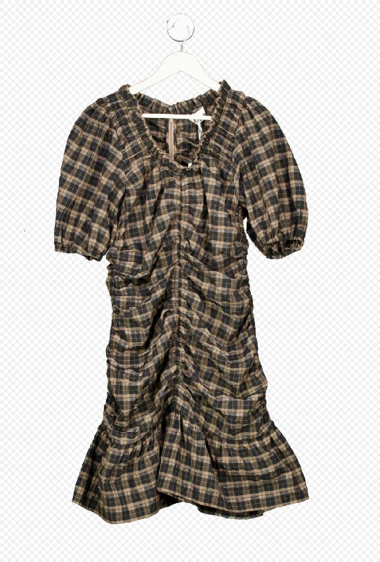 Ganni Brown /Black Ruffled Ruched Checked Seersucker Mini Dress UK 14 Fashionable A-Line Mini Dress Ganni Brown /Black Ruffled Ruched Checked Seersucker Mini Dress UK 14 Fashionable A-Line Mini Dress