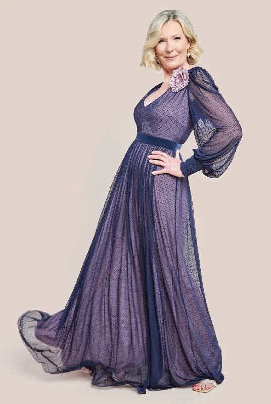 Goddiva Corsage V-Neck Dobby Mesh Maxi Dress - Blue Stylish V-Neck Maxi Dress