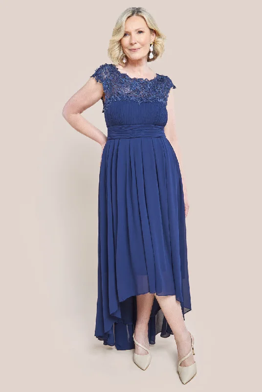 Goddiva Crochet & Pleated Top High Low Maxi Dress - Navy Cozy Wrap Maxi Dress