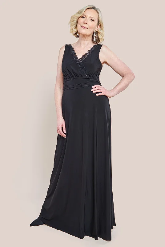 Goddiva Diamante & Scalloped Lace Neck Maxi Dress - Black Elegant Maxi Dress with Belt