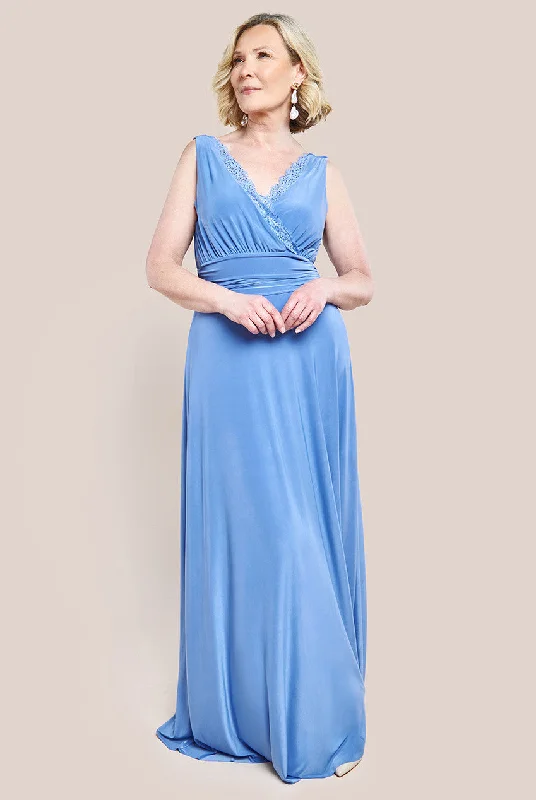 Goddiva Diamante & Scalloped Lace Neck Maxi Dress - Corn Flower Blue Comfortable Plunging Neckline Maxi Dress