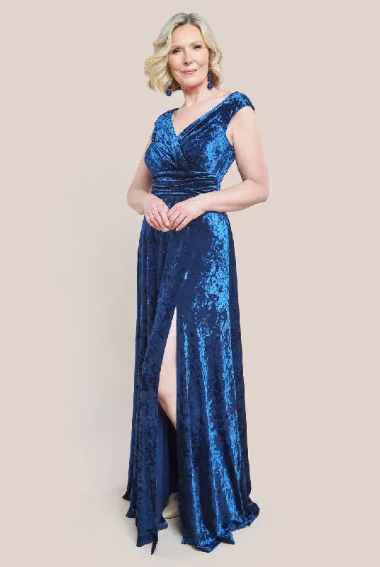 Goddiva Ice Velvet Bardot Wrap Maxi Dress - Navy Comfortable Maxi Dress with Sleeves