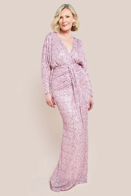 Goddiva Plunge V-Neck Sequin Maxi Dress - Blush Trendy Floral Print Maxi Dress