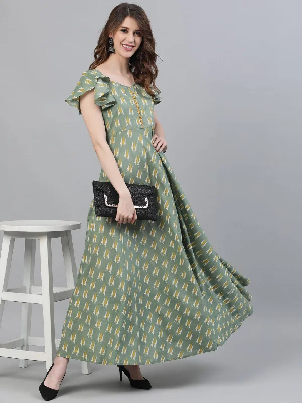 Women's Green Ikat Printed Flared Maxi Dress - AKS Comfortable Fitted Maxi Dress