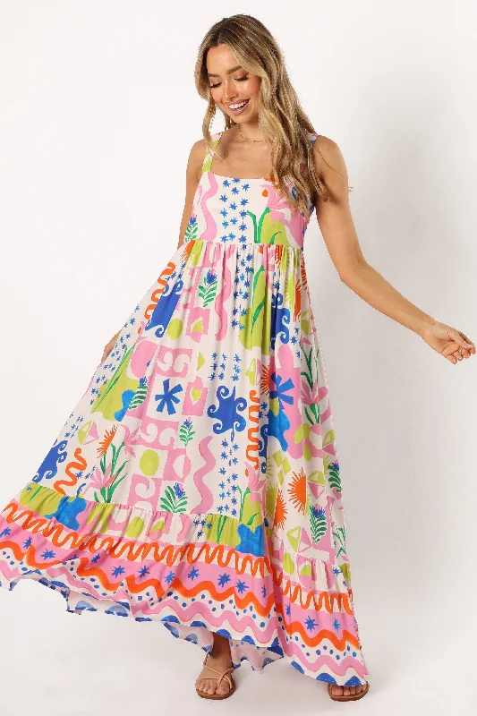 Greer Maxi Dress - Mercedes Print Stylish One-Shoulder Maxi Dress