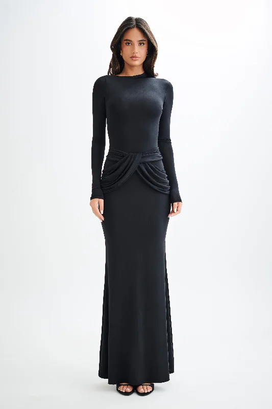 Halcyon Long Sleeve Slinky Maxi Dress - Black Elegant Tiered Maxi Dress