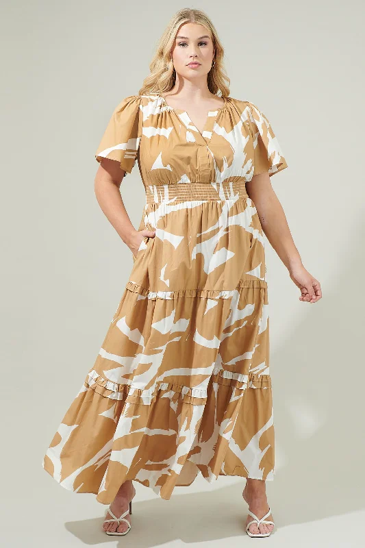 Hazel Abstract Palmer Poplin Tiered Maxi Dress Curve Fashionable Sheer Maxi Dress