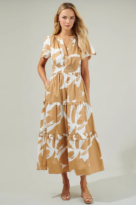 Hazel Abstract Palmer Poplin Tiered Maxi Dress Comfortable Maxi Dress with Belt