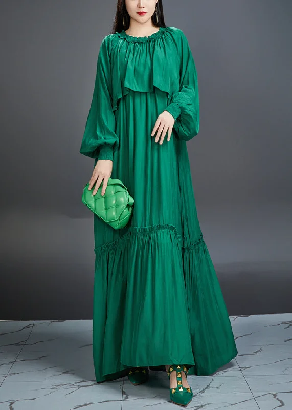 Italian Green Ruffled Pockets Tie Waist Cotton Maxi Dress Fall AJ1028 Chic Summer Maxi Dress