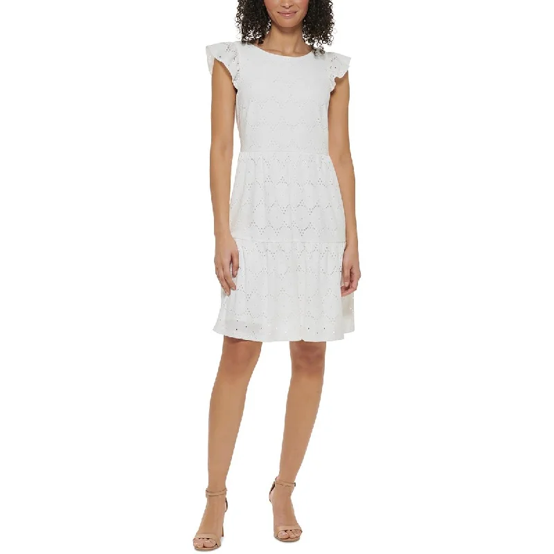 Jessica Howard Womens Petites Tiered Eyelet Mini Dress Fashionable Lace-Trim Mini Dress Jessica Howard Womens Petites Tiered Eyelet Mini Dress Fashionable Lace-Trim Mini Dress