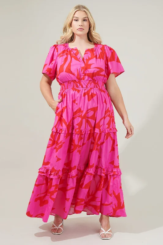 Jolene Abstract Palmer Poplin Tiered Maxi Dress Curve Trendy Short Sleeve Maxi Dress