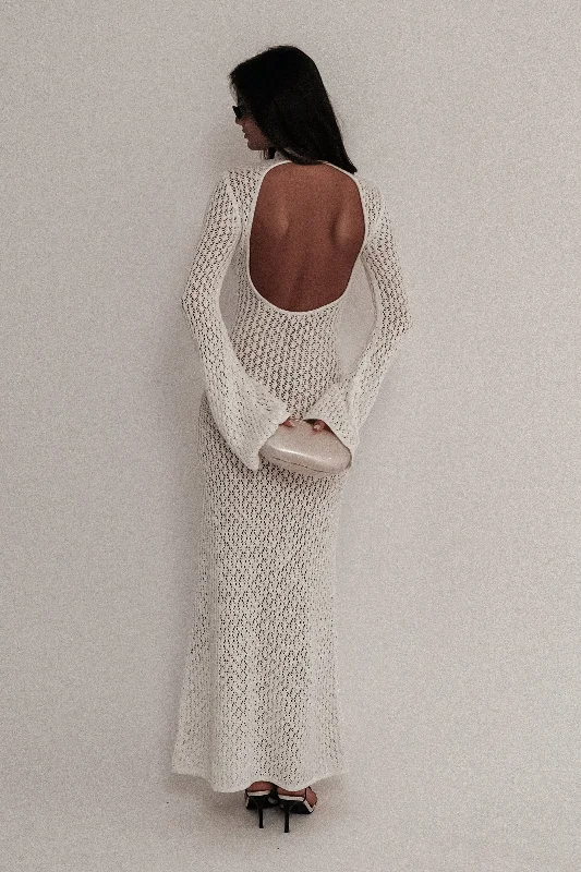 Julia Crochet Open Back Maxi Dress - White Comfortable Plunging Neckline Maxi Dress