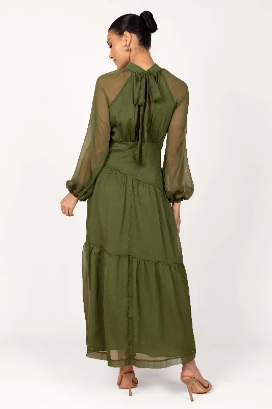 Julip Sheer Long Sleeve Maxi Dress - Olive Classic Tulle Maxi Dress