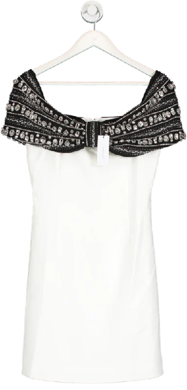 Karen Millen White Crystal Embellished Bow Detailed Woven Mini Dress UK 10 Trendy Mesh Mini Dress Karen Millen White Crystal Embellished Bow Detailed Woven Mini Dress UK 10 Trendy Mesh Mini Dress