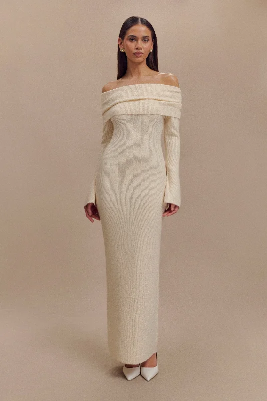 Katherine Off Shoulder Knit Maxi Dress - Ivory Elegant Maxi Dress with Belt