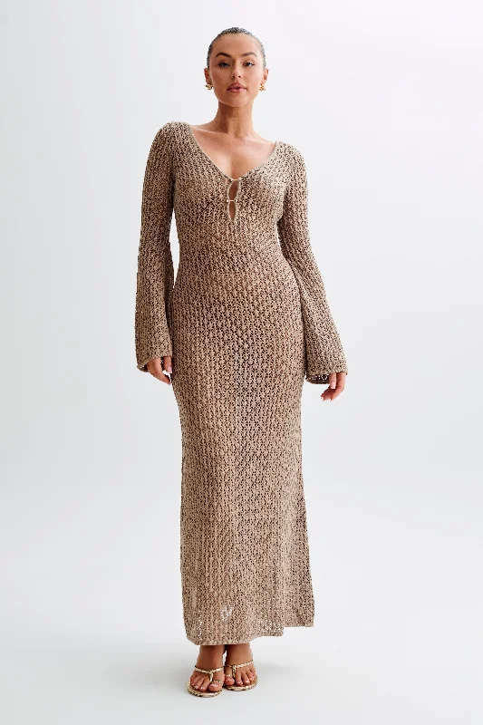 Kayleigh Crochet Fishtail Flare Sleeve Maxi Dress - Taupe Elegant Maxi Dress with Pockets