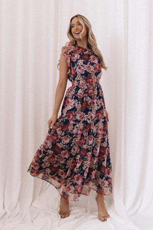 Layley One Shoulder Maxi Dress - Navy Floral Comfortable Fit-and-Flare Maxi Dress